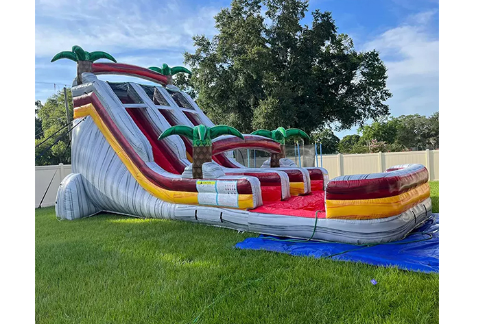 Gray Color Tropical Theme Dual Lane Inflatable Water Slide FWS383